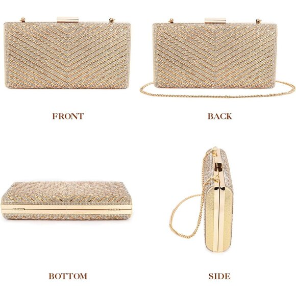⚡ Women\'s Sparkly Rhinestone Glitter Metal Clasp Chain Evening Gold Clutch Bag